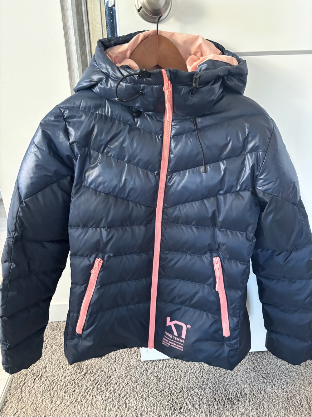 Kari Traa Navy Hooded Puffer Jacket with Pink Trim